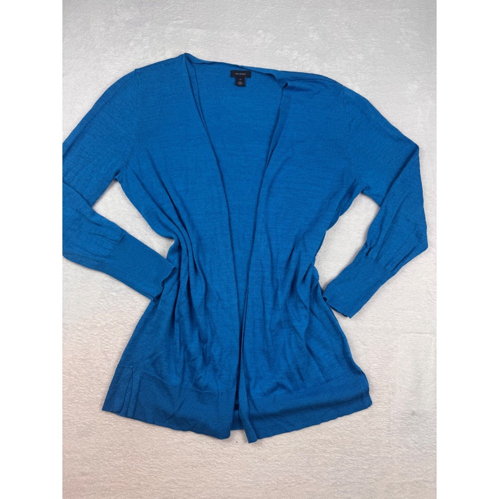 Halogen Womens XL Blue Linen Blend Open Front Long Sleeve Cardigan Sweater